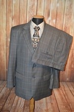 Jos A Bank Men Wool Gray Plaid 2 Front Button Suit Sz 42R Wst 34x29