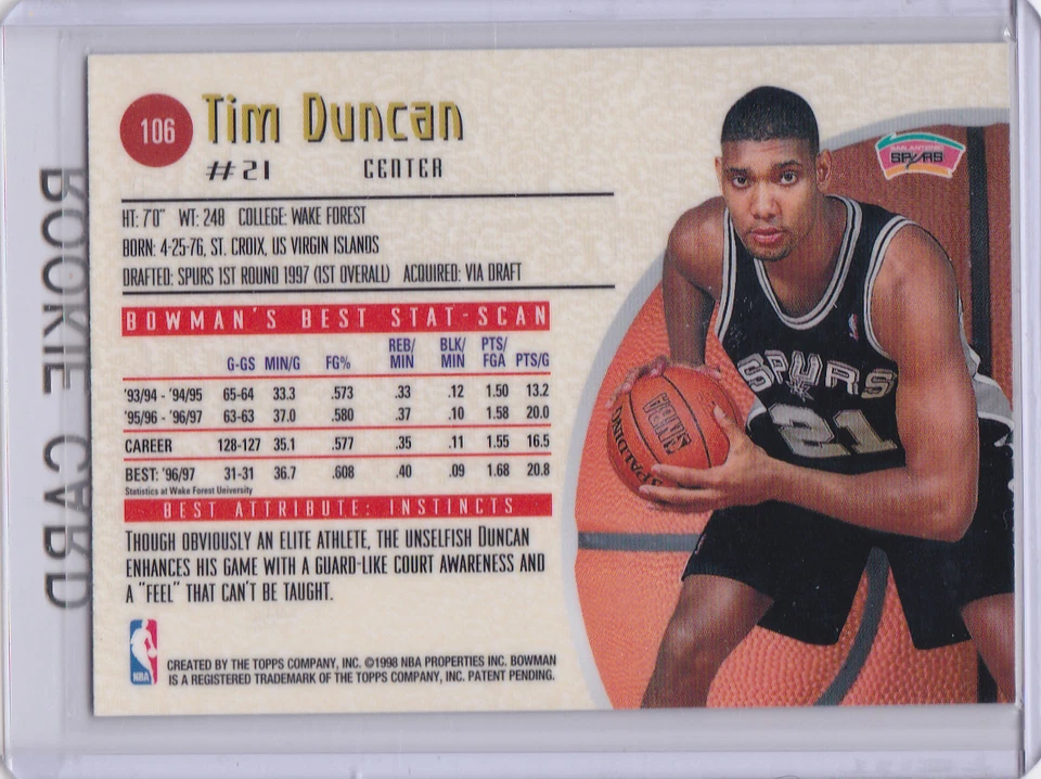 TARJETA DE NOVATO TIM DUNCAN Bowman's Best 1997/98 San Antonio Spurs BALONCESTO NBA RC Foto 2 de 2