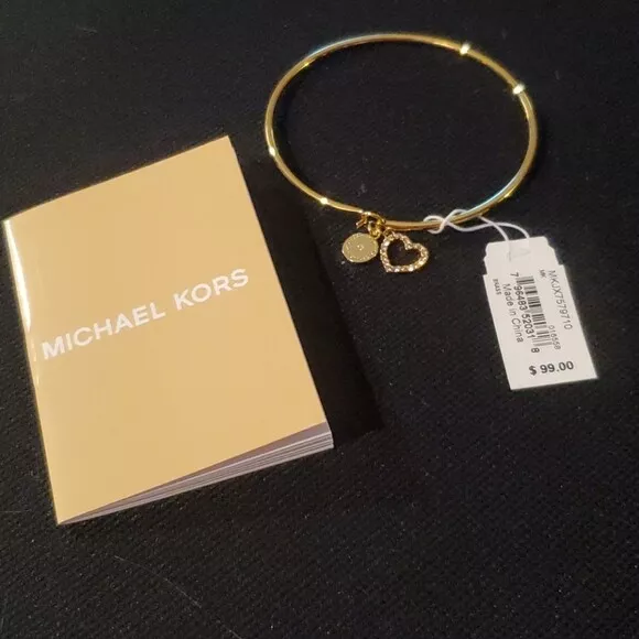 MICHAEL KORS MKJX7578710 Gold Toned Heart Crystal 2 Charm Bangle Bracelet $100+