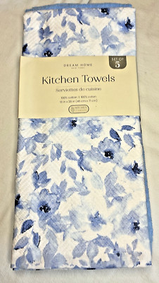 DREAM HOME NY KITCHEN TOWELS (5) BLUE WHITE FLOWERS 18 X 28 100% COTTON NIP