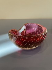 STUNNING VTG Cranberry MURANO Art Glass Bullicante Ashtray Bowl W/Bubbles 5"L