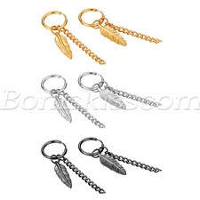 2pcs Men's Womens Stainless Steel Tassel Chain Feather Hoop Huggie Drop Earrings