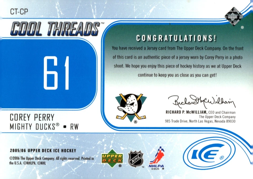 Corey Perry - Signed 2005-06 Upper Deck Ice Cool Threads Jersey Card #CT-CP - Image 2 of 2