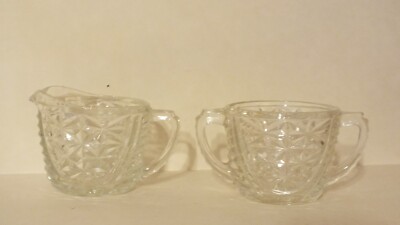 Vintage Anchor Hocking stars & bars Pressed Cut Glass Cream and Sugar bowl Set