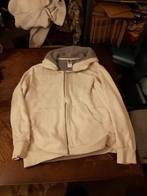 North Face Jacket Mens Large Hooded Full Zip Cream/Gray Fleece Lined