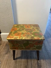 Vtg Burlington Hawkeye Sewing Storage Box Foot Stool Ottoman MCM 17” X 17”