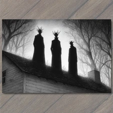 Art Print Three Shadow Figures Rooftop Creepy Forest Spikes Trees Fog Monochrome