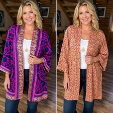 NWT Chicos Reversible Printed Kimono Open Front Jacket Sz 3 XL Bell 3/4 Sleeve