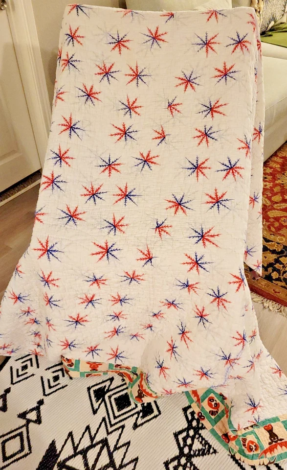 Handmade Patchwork Quilt  Red Throw Blanket Scrap Patched Vintage Apx 79x61 - Image 4 of 4