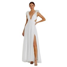 MAC DUGGAL Dress Size 8 Evening Gown NEW White Lace Up Plunge Ostrich Feather