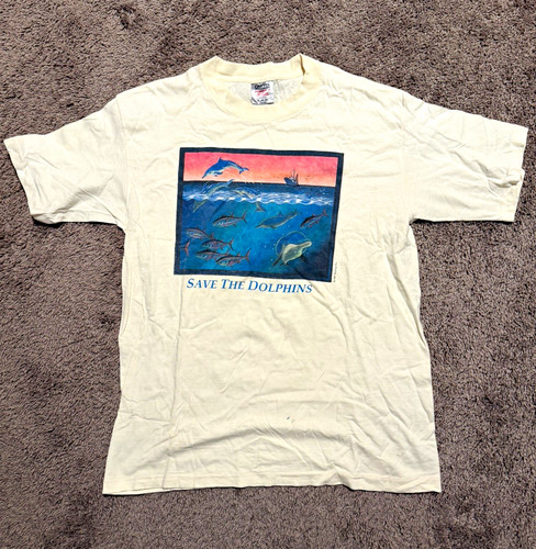 Vtg 90s Save The Dolphins Graphic T Shirt XL Oneita Ocean Nature Distressed