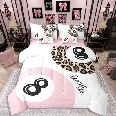 Funky Lucky 8 Ball King Comforter Set - Preppy Leopard Print Bedding