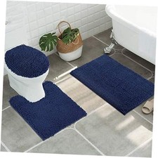 3pc Non-Slip Shaggy Chenille Bathroom Mat Set, Includes 24 x 21 Dark Blue