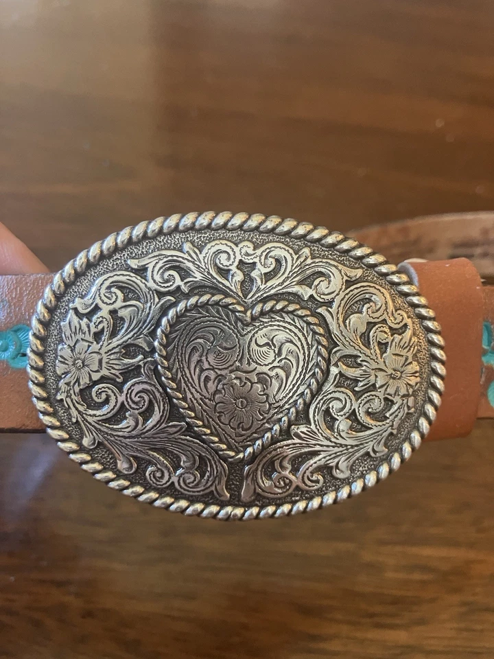 Cinturón Justin Girls Hope Marrón Turquesa Cuero Tocado Plateado Hebilla Corazón Talla 24 Foto 2 de 4