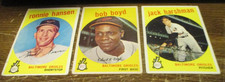 3) 1959 Topps Baltimore Orioles baseball cards #82 Bob Boyd #444 #475 Harshman