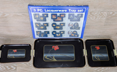 Tablett Set Lackgeschirr verziert 3 teilig Serviertabletts schwarz gold floral - lesen