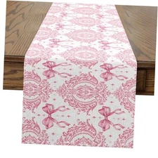  Pink Bow Table Runner, 13" x 108" Baroque Damask Kitchen Dining 13 x 108 Inch