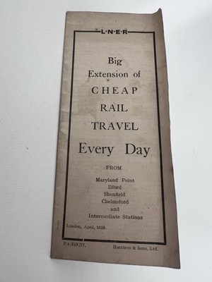 1929 LNER Eisenbahn Reise Broschüre Fahrpreis Tabelle London Ilford Chelmsford Shenfield