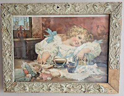 Victorian Style Child Lithograph   After Dinner Rest Awhile   Ornate Gesso Frame