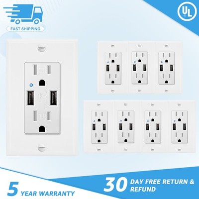 4.2A Dual USB Receptacle Outlet 15Amp Tamper Resistant Wall Socket with plate ×8