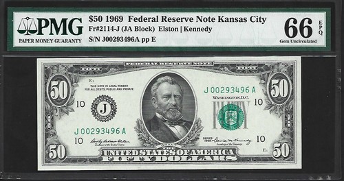 US 50 Dollars 1969 PMG 66 EPQ UNC Fr #2114-J FRN Kansas City Elston/Kennedy