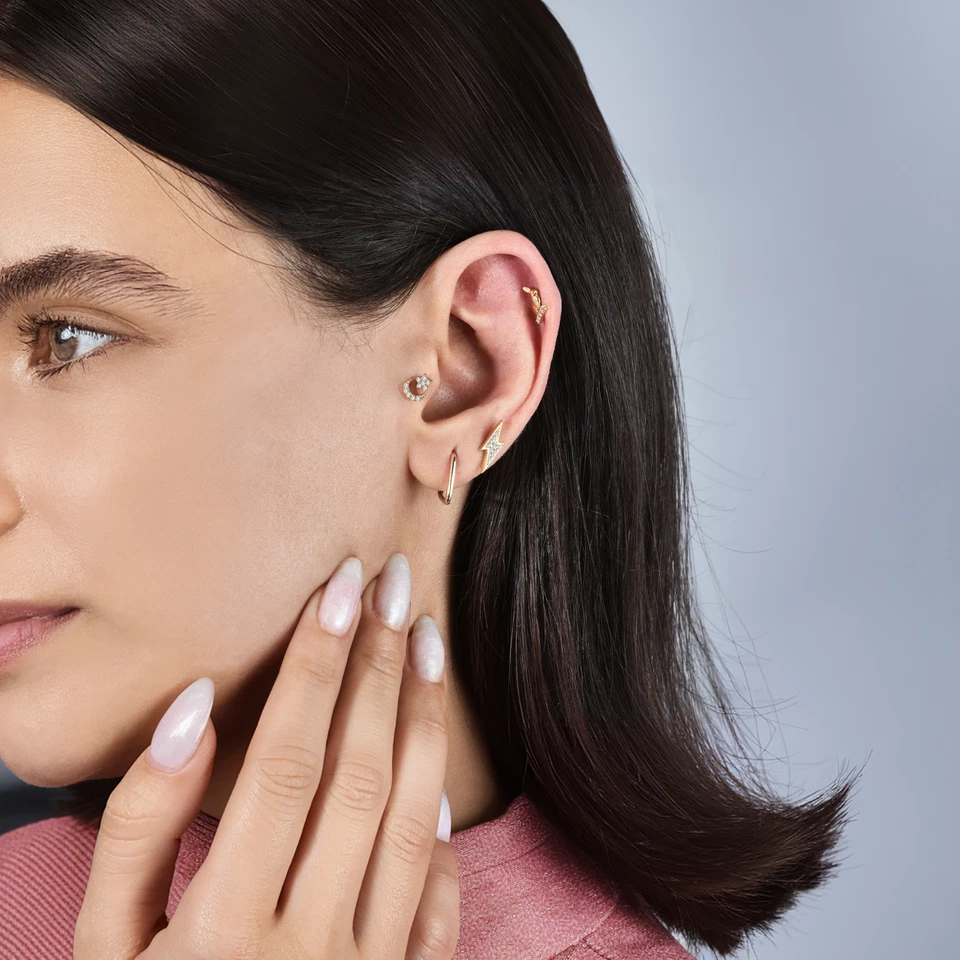 14K Solid Gold Lightning CZ Earring Bolt Piercing Flatback Stud Tragus Simple - Image 4 of 4