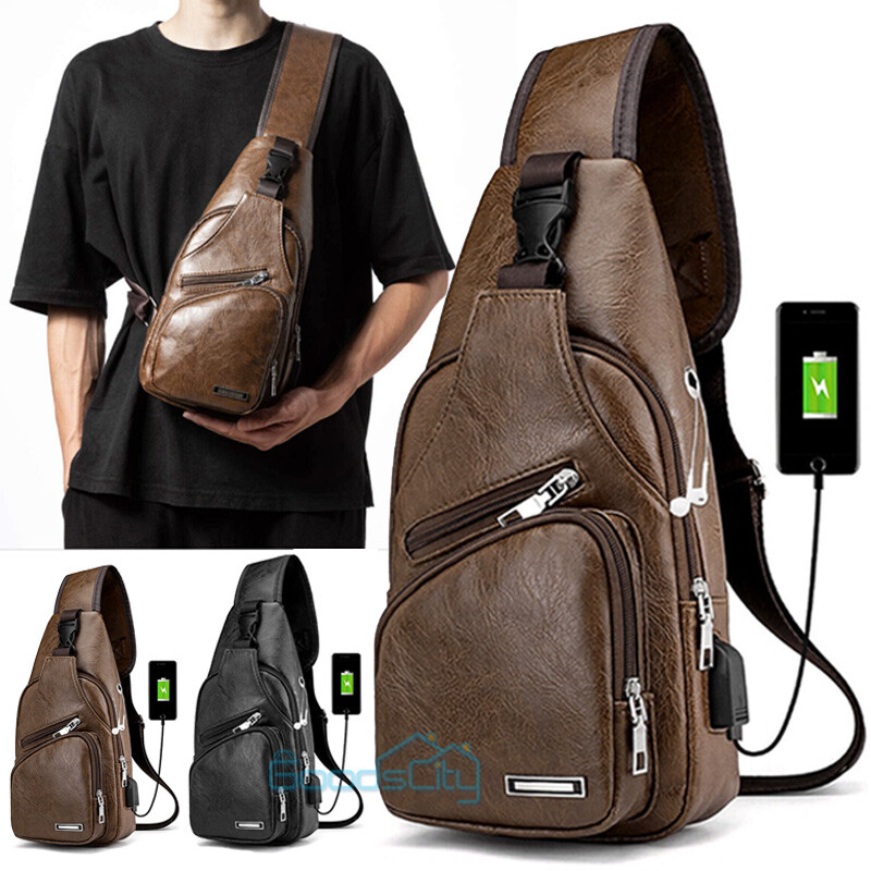 Mochila De Cuero Casual Para Hombres Bolso Bandolera Impermeable