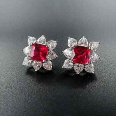 3Ct Princess Lab Created Red Ruby Halo Stud Earrings 14K White Gold Plated