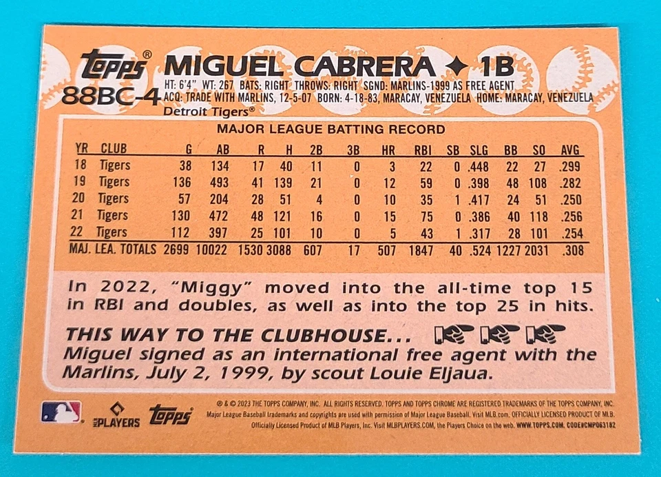 2023 Topps Chrome '88 Topps Refractor #88BC-4 Miguel Cabrera BASEBALL Card T6 - Image 2 of 2