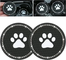 2pc Bling Dog Paw Car Coasters Anti Slip Car Cup Holder 2.75 inch Fits Universal