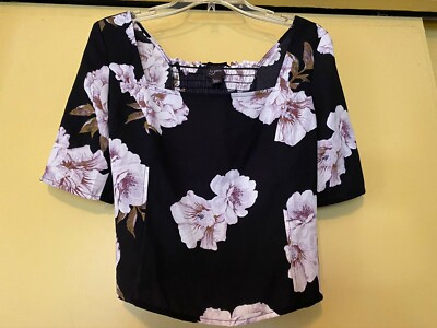 Free Press Black Floral, Short Sleeve Top, Smocked Back, Women Size S, NWT