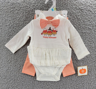 Little Me Candy Corn Bodysuit, Pants & Headband Set Baby Girls 9M Orange/White
