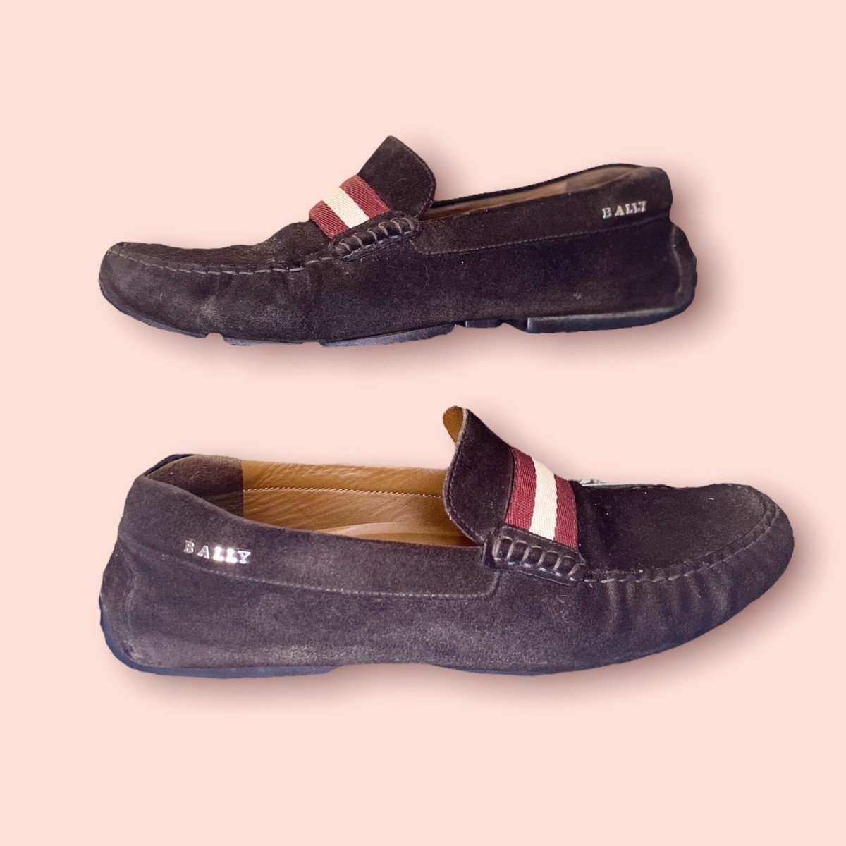 BALLY PEARCE COFFEE BROWN SUEDE WEB LOGO DRIVE LOAFERS US 9.5 
