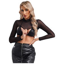 DE~Damen Mesh Sheer Crop Top Sexy Transparent Langarmshirts Shrug Oberteileg