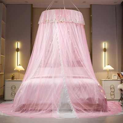 Girls Double Layer Sheer Mesh Dome Elegant Embroidery Lace Mosquito Net Bed