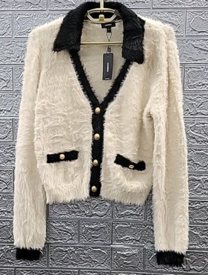 New Express Tipped Faux Fur Novelty 4 Button  Cardigan Cream/Black Trim Sz Small