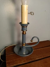 Vintage Metal Table Lamp, Blue & Gold, Chamberstick Design, Finger Loop