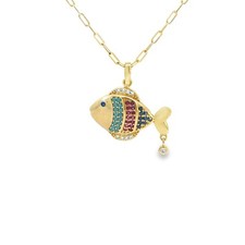 14k Solid Gold Fish Pendant Cubic Zirconia Necklace Chain, Animal Sea Collection
