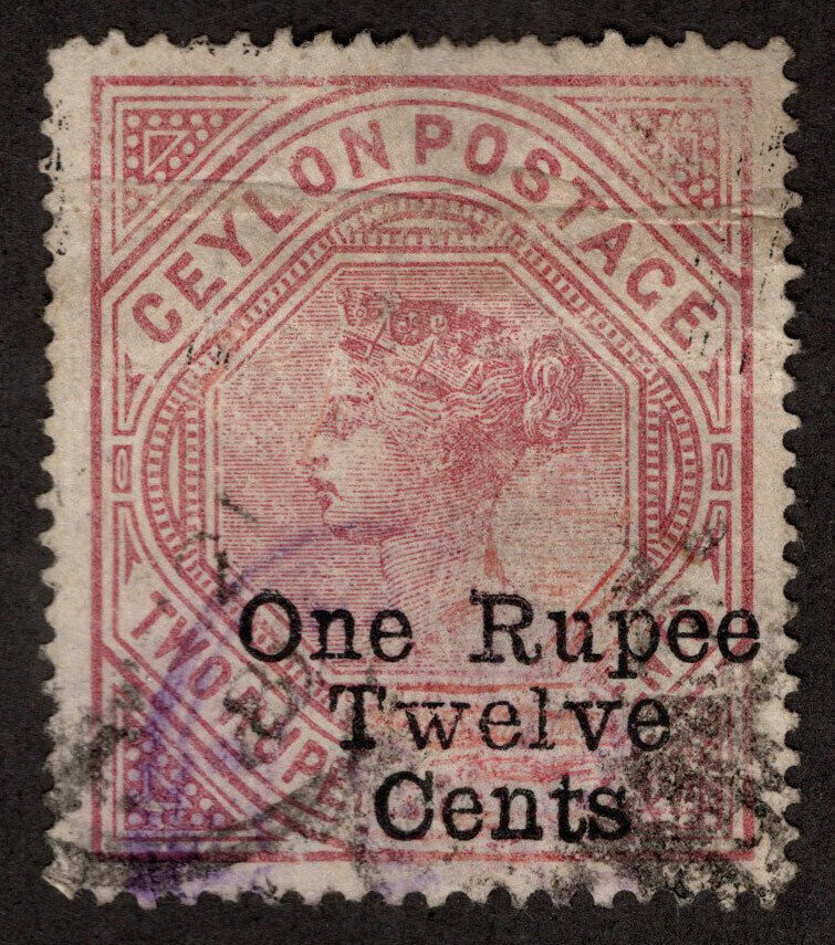 Scott Challenge the lowest price of Japan Low price 115 - Ceylon 1885 QV 12 Cents One Rupee 2r Overprint