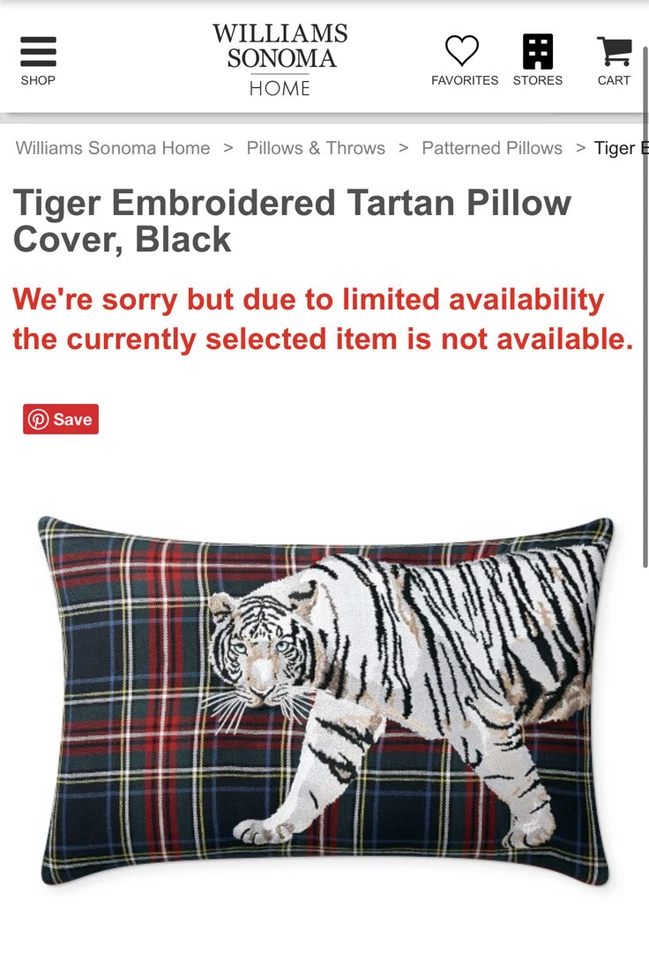 Funda de almohada Williams Sonoma Home bordada tartán a cuadros TIGRE ¡NUEVA! *HTF* Foto 2 de 4