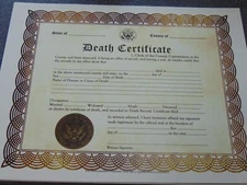 Authentic Looking Novelty Death Certificate. CREEP OUT YOUR FRIENDS & RELATIVES
