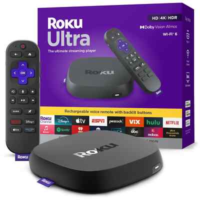Roku Ultra Ultimate 4K HDR 10+ Dolby Vision Atoms Bluetooth WiFi 6 Voice Remote