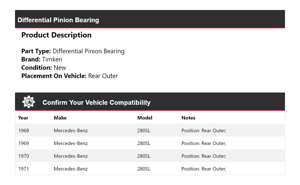 Cojinete de piñón diferencial trasero exterior Timken para Mercedes-Benz 280SL 1968-1971 Foto 2 de 4