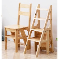 New 4-Step Ladder Folding Step Stool Wooden Folding Library Ladder Chair UK