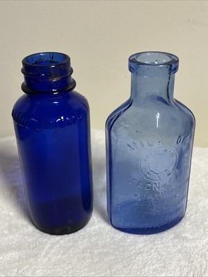 2 Vintage Milk Of Magnesia & Bromo Seltzer Emerson Drug Cobalt Blue Glass Bottle
