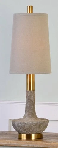 Modern Table Lamp 30 3/4" Tall Faux Stone Ivory Brass Drum Shade for Living Room - Picture 3 of 3