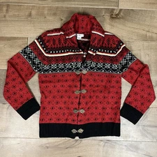 Susan Bristol Women’s Size L 100% Wool Cardigan Fair Isle Sweater Red Nordic 