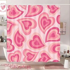 Pink Heart Shower Curtain - Valentines Romantic Love Cute Bathroom , Chic 70s...