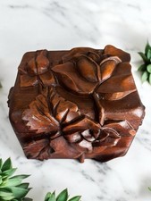 Wooden Jewelry Trinket Box Hand Carved Roses Floral Hinged Lid Box Vintage