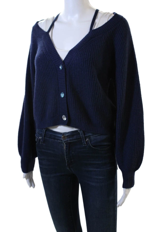 Cárdigan Cami NYC Mujer Azul Oscuro Lana Merino Cuello en V Botón Talla XS Foto 2 de 4